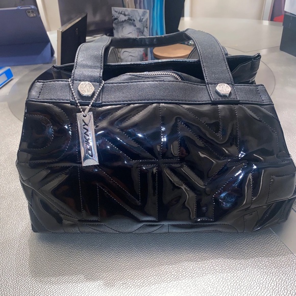 DKNY Black Patent Leather Logo Small Satchel Shoulder Bag - Picture 2 of 9